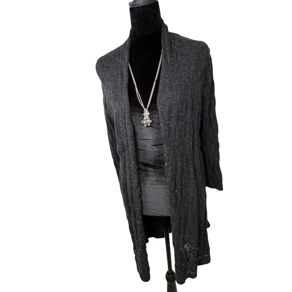 Eileen Fisher Charcoal Gray 100% Merino Wool Beaded Accent Duster Cardigan Small
